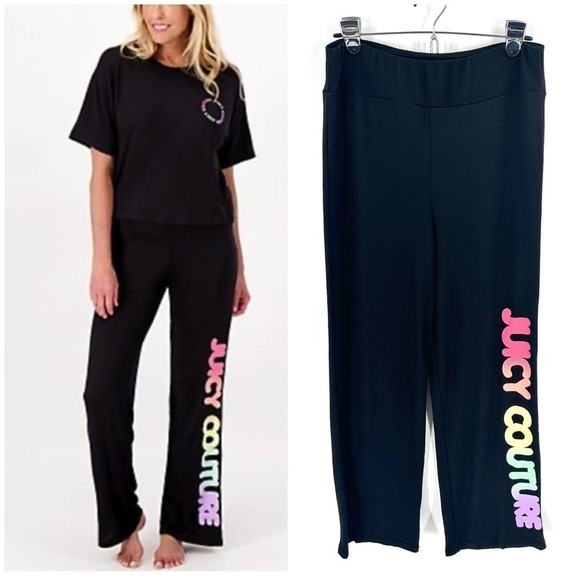 Juicy Couture Size Large Rainbow Spellout Lounge Pants Logo Pull On Black Sleep - Picture 1 of 10